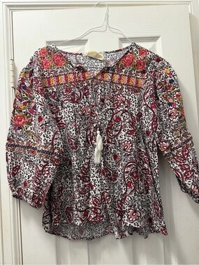Savanna Jane White Boho Floral Tassel Blouse with Red Accents